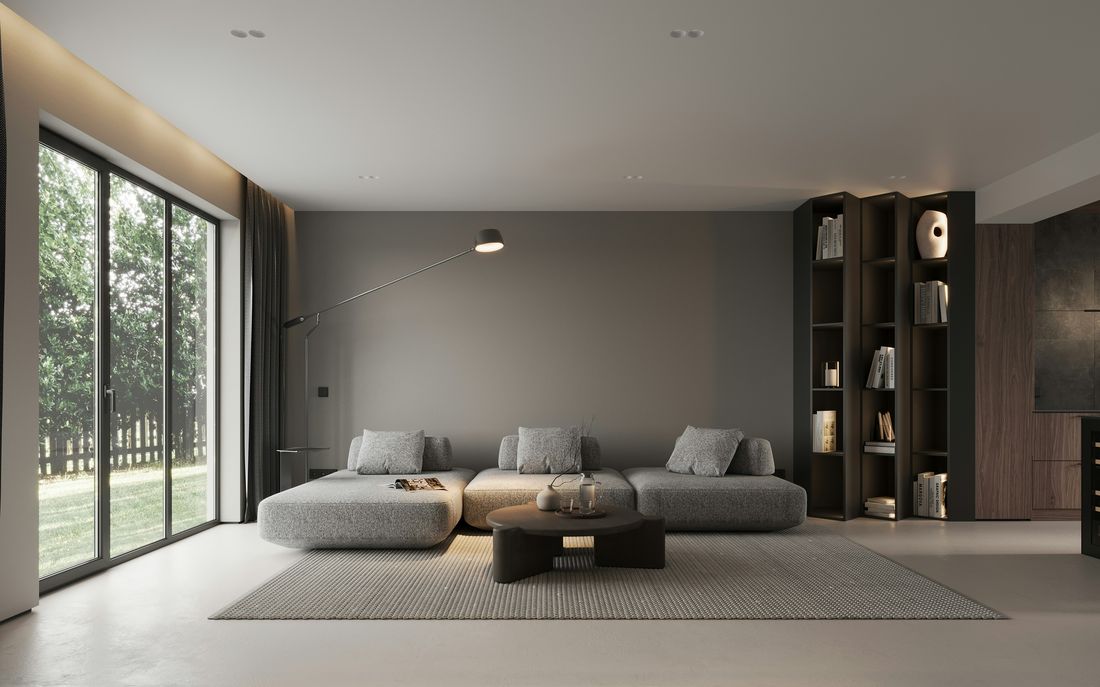 Minimalist residential living room with floor-to-ceiling glazing